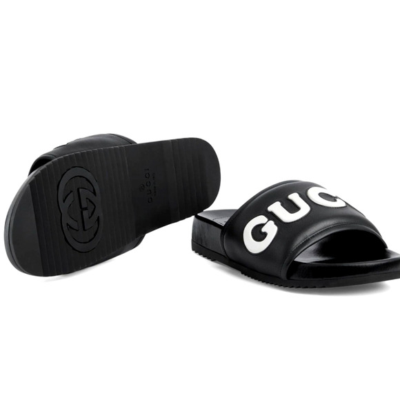 Authentic GUCCI Jumbo Logo Leather Slide Sandals Black Men's Size 8 | US 8.5 NWT - Picture 6 of 14